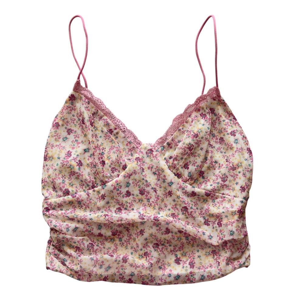 Princess Polly Floral Mesh Lace Cami Crop Top Pink US 4 Y2K Coquette